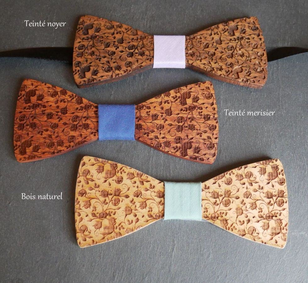 Bow tie in cherry wood small engraved flowers to personalize by engraving on the back made in France