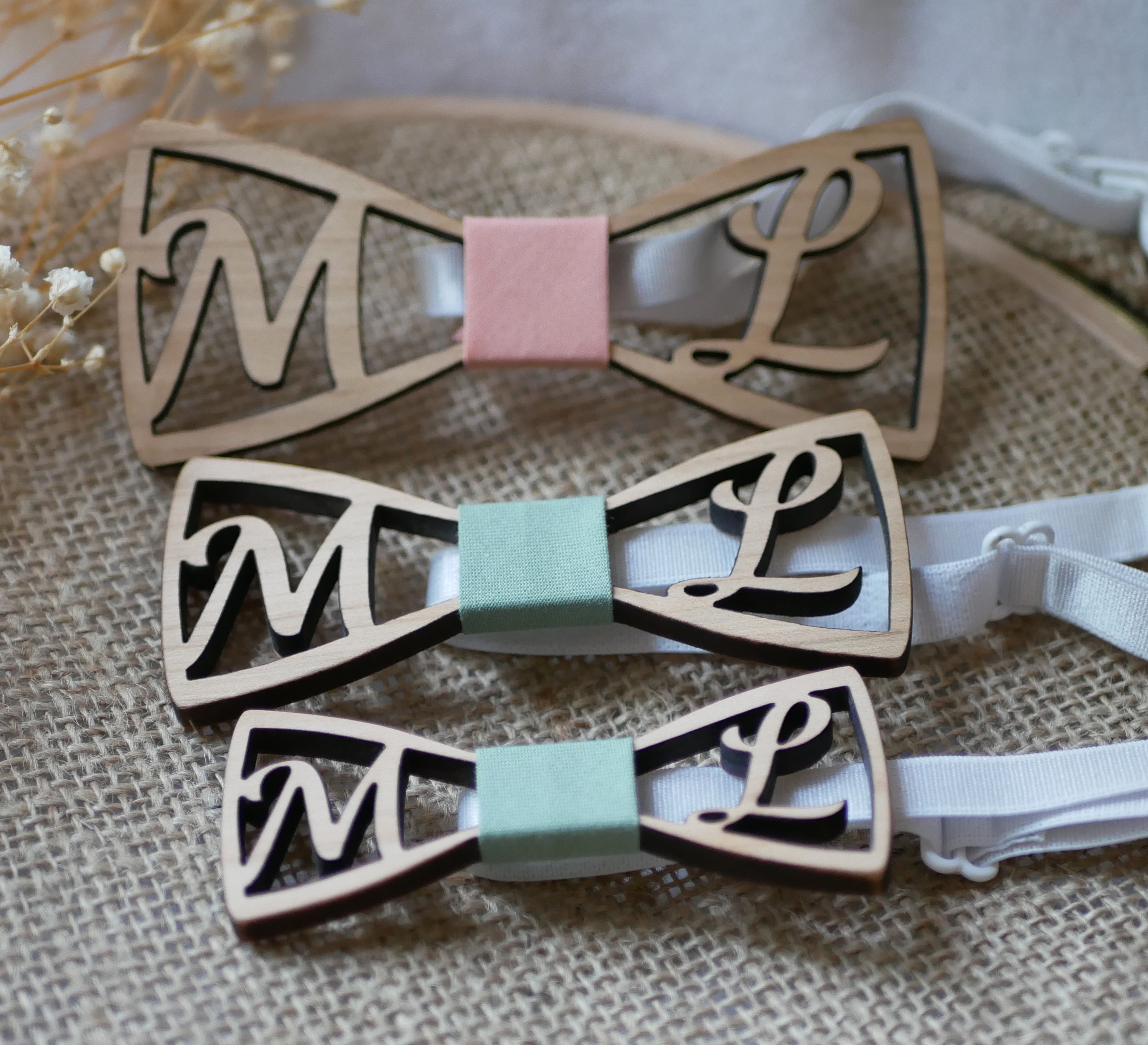 Mini wooden bow tie personalized with 2 initials