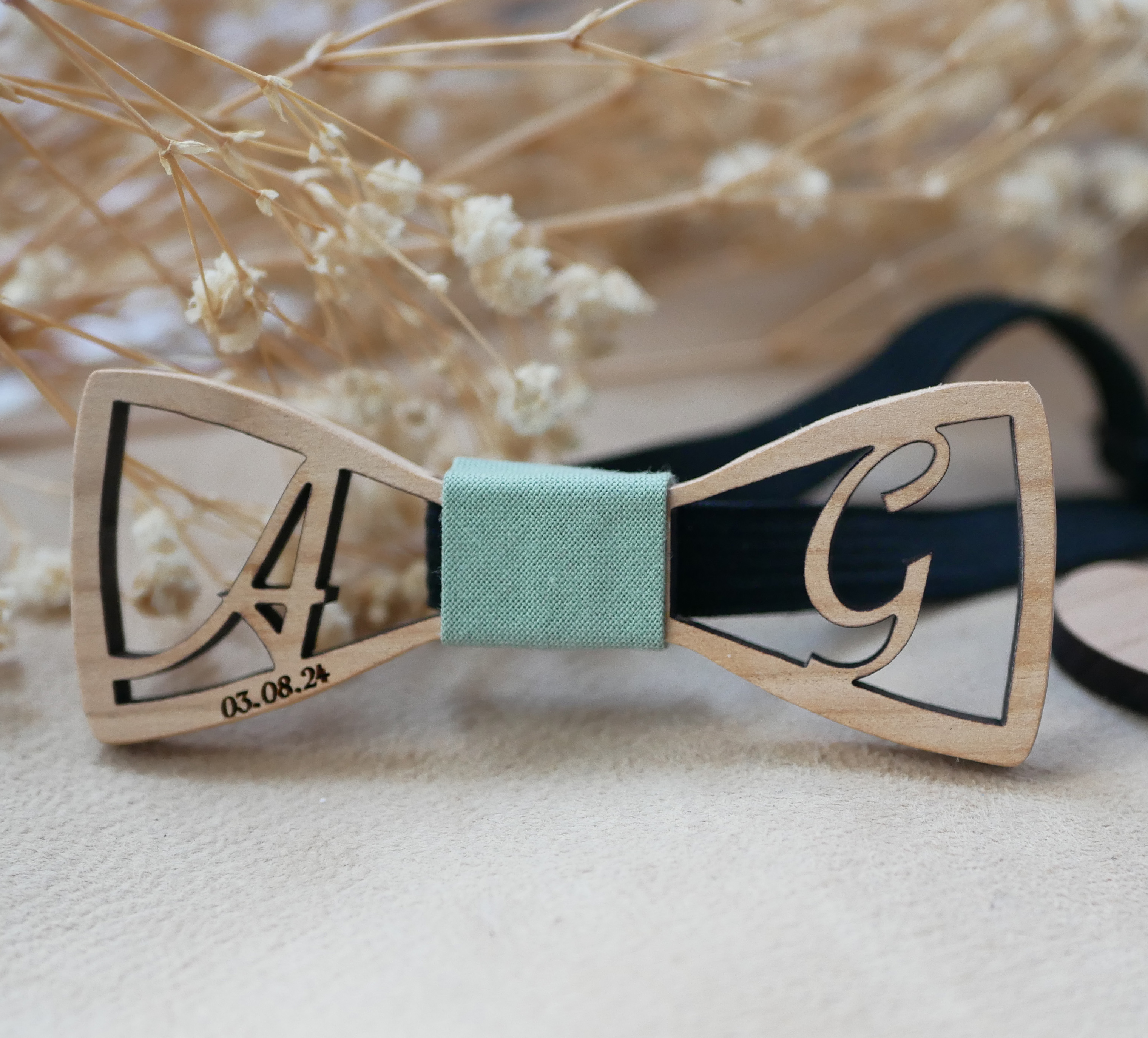 Mini wooden bow tie personalized with 2 initials