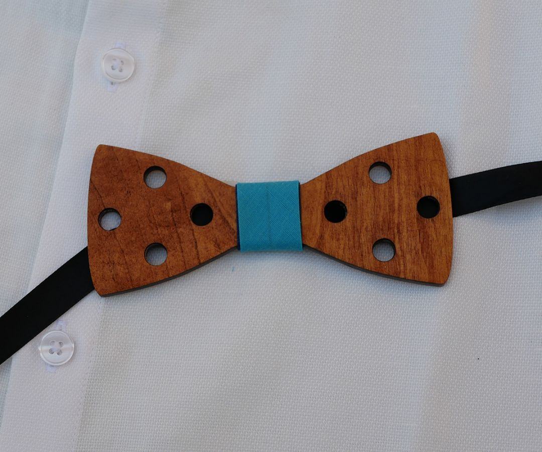 Engraved stained wood bow tie with holes to personalize