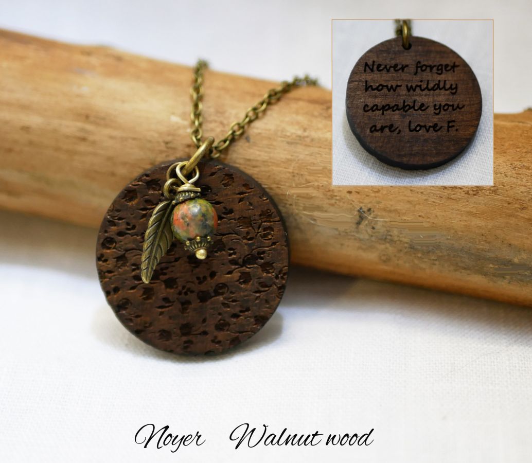 Engraved wooden pendant with charms to personalize