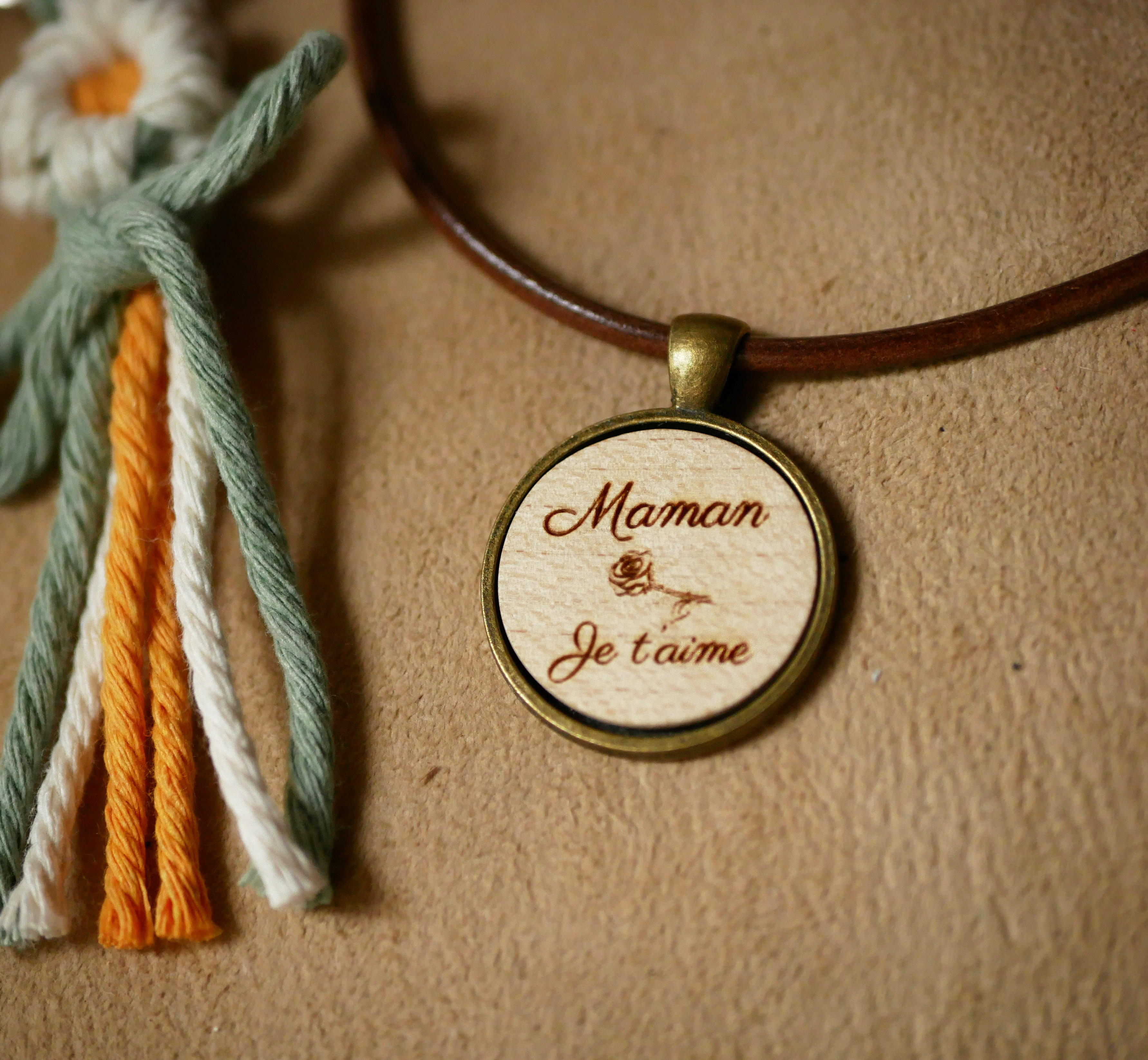 Engraved wooden pendant on European leather necklace to personalize 