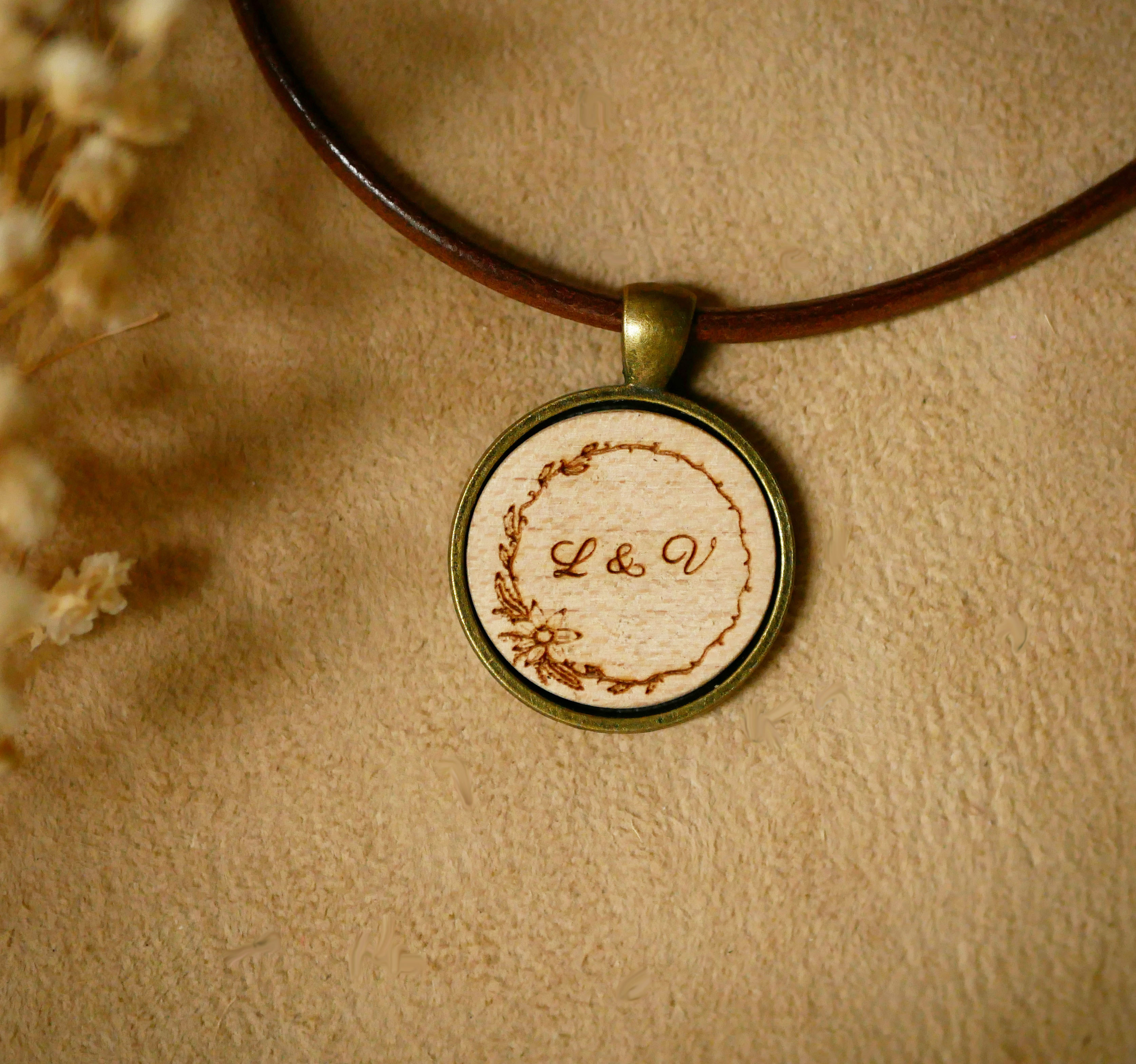 Engraved wooden pendant on European leather necklace to personalize 