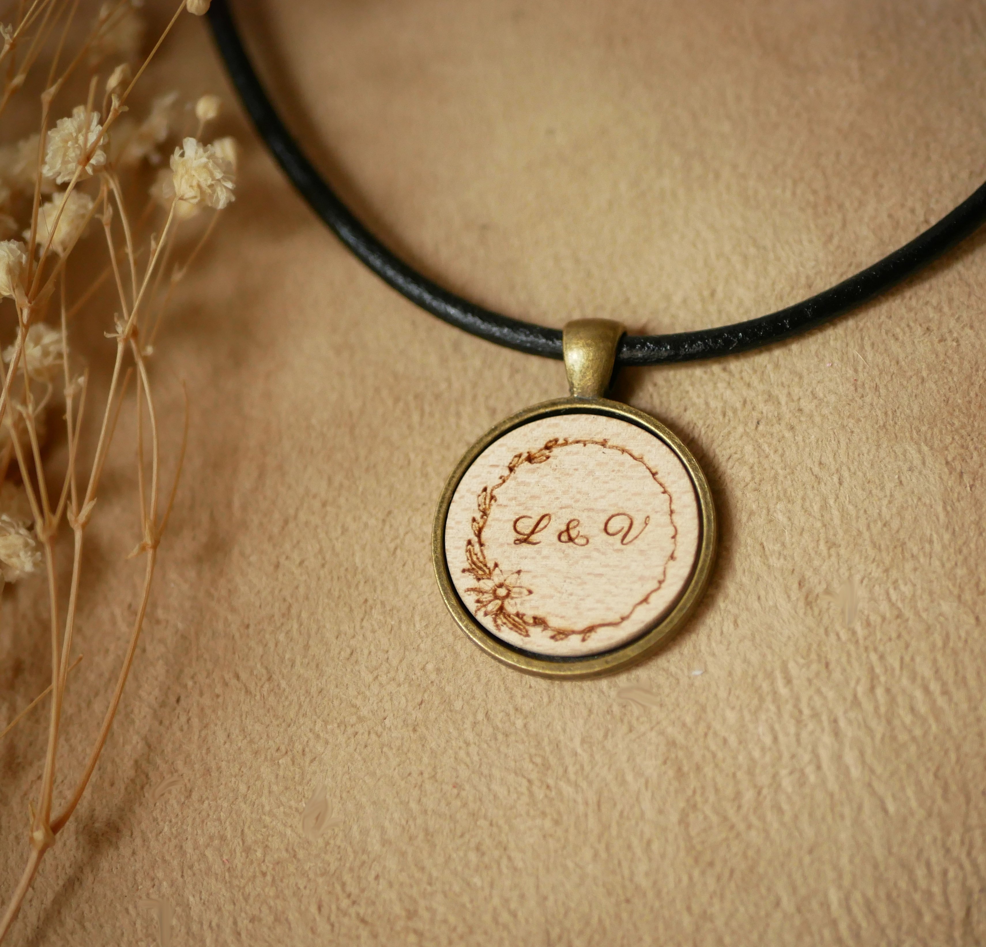 Engraved wooden pendant on European leather necklace to personalize 