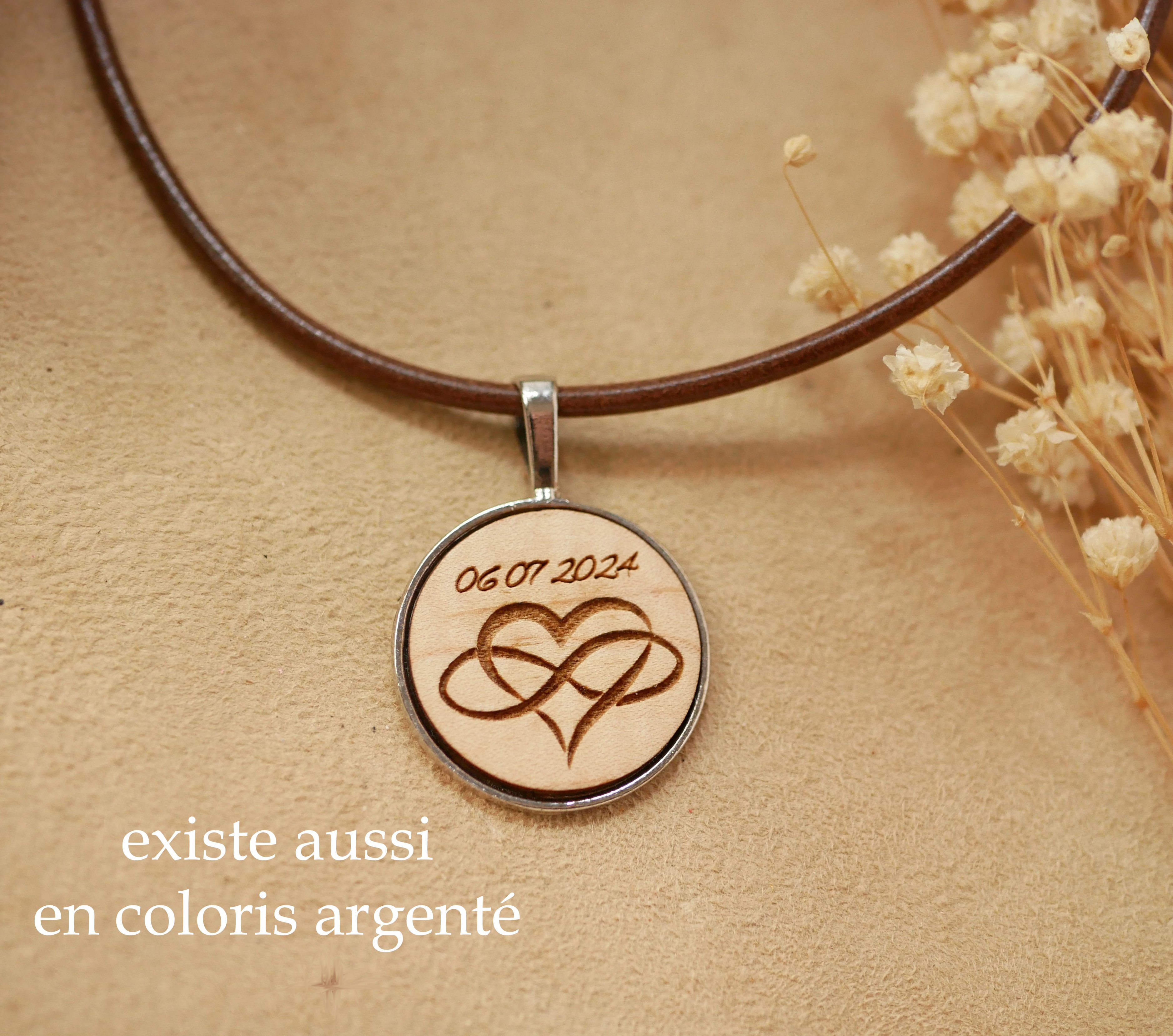 Engraved wooden pendant on European leather necklace to personalize 