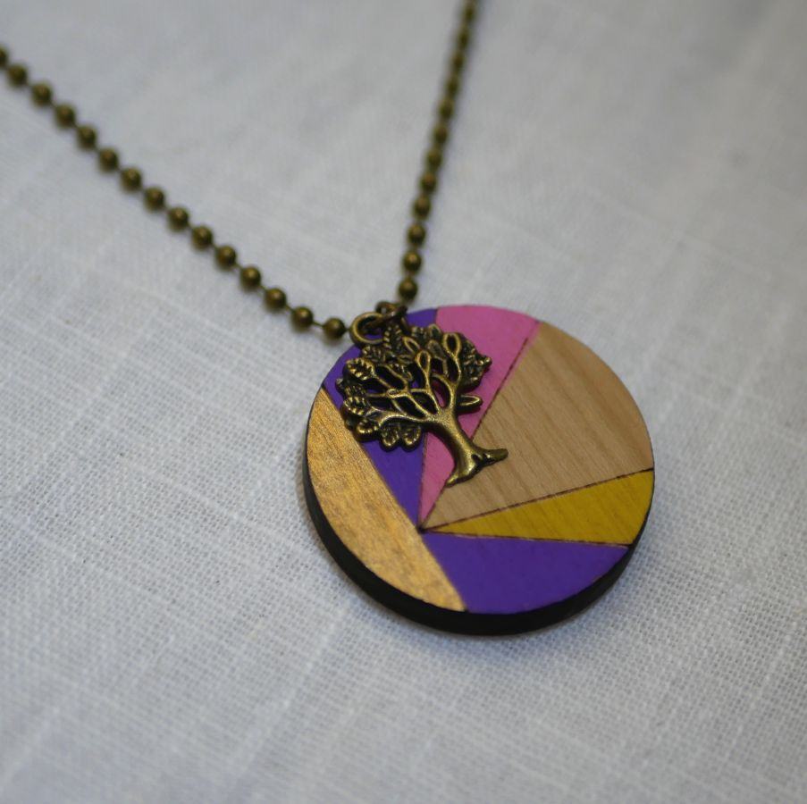 Wooden pendant painted in colors with bronze charm to personalize