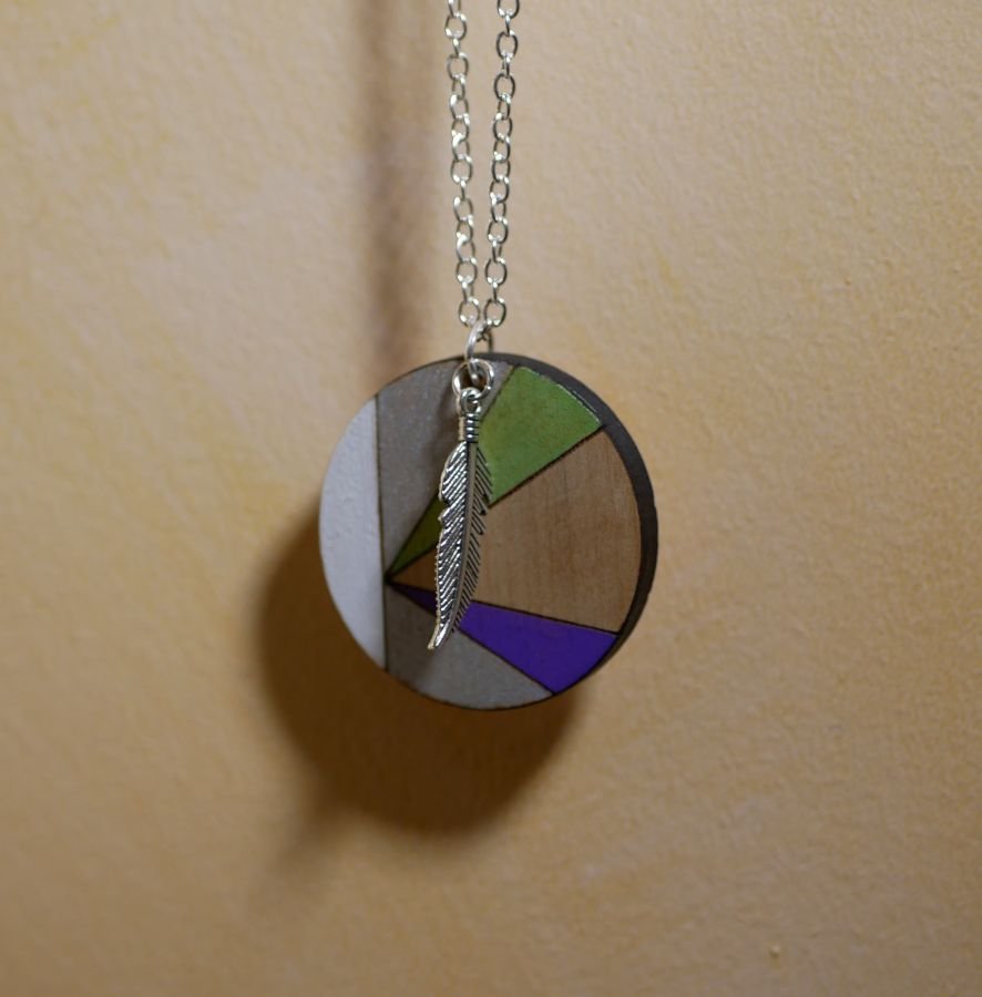 Wooden pendant painted in colors on silver chain to personalize