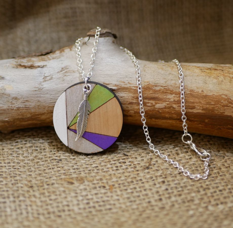Wooden pendant painted in colors on silver chain to personalize