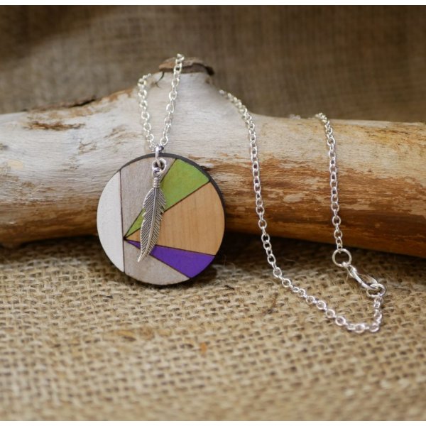Wooden pendant painted in colors on silver chain to personalize