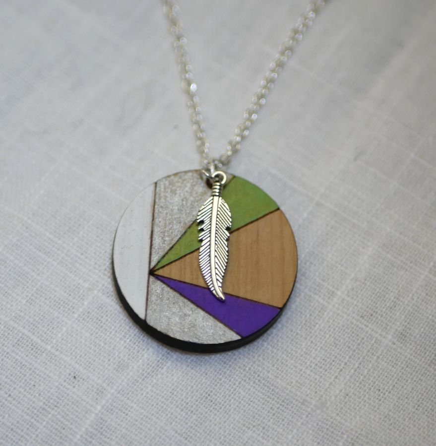 Wooden pendant painted in colors on silver chain to personalize