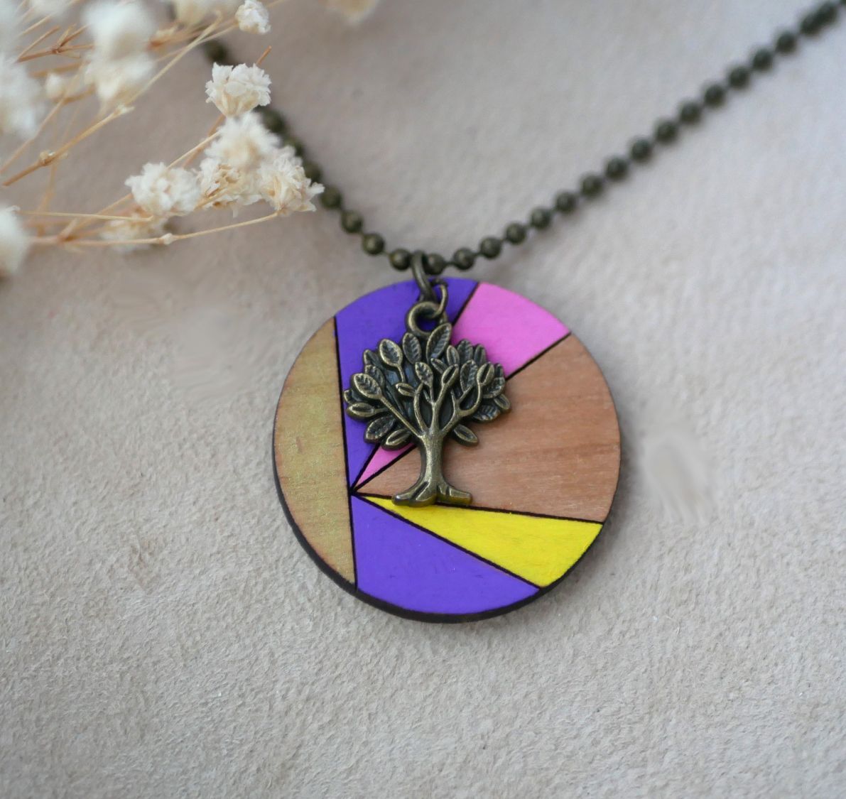 Wooden pendant painted in colors with bronze charm to personalize