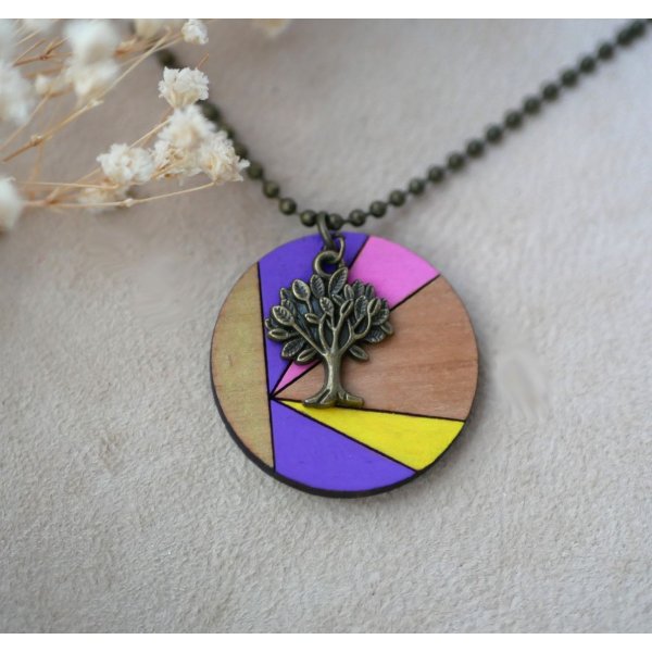 Wooden pendant painted in colors with bronze charm to personalize