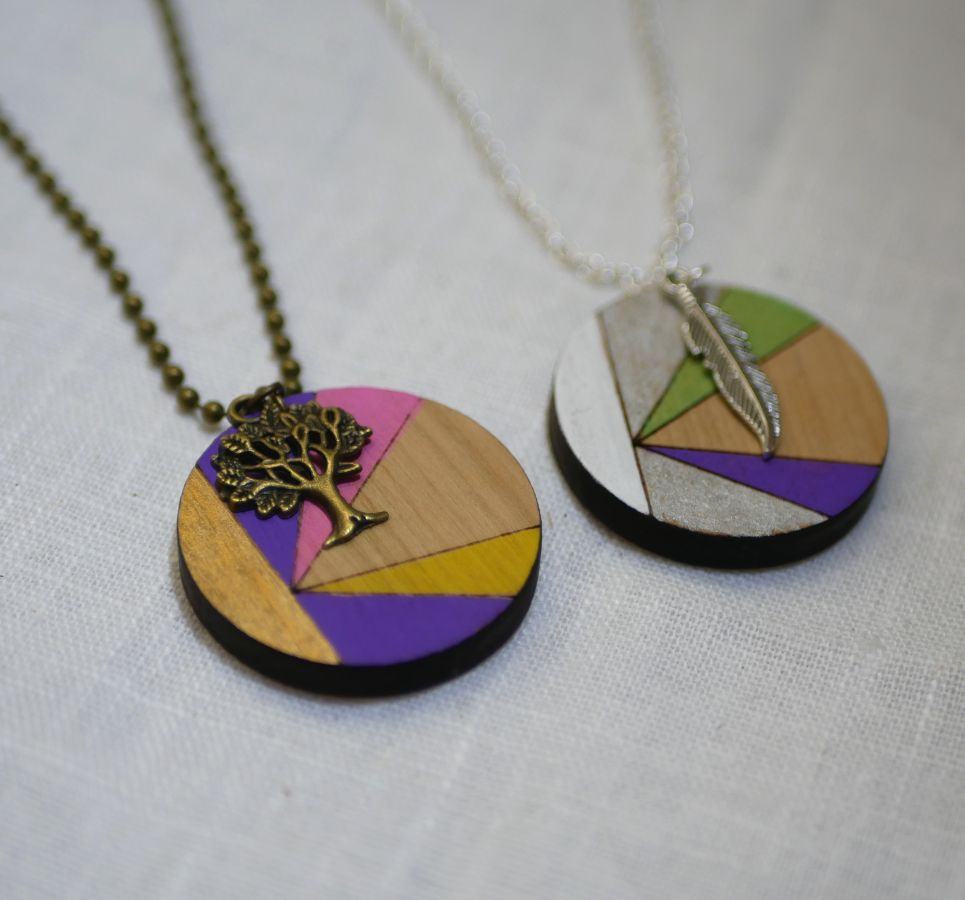 Wooden pendant painted in colors on silver chain to personalize