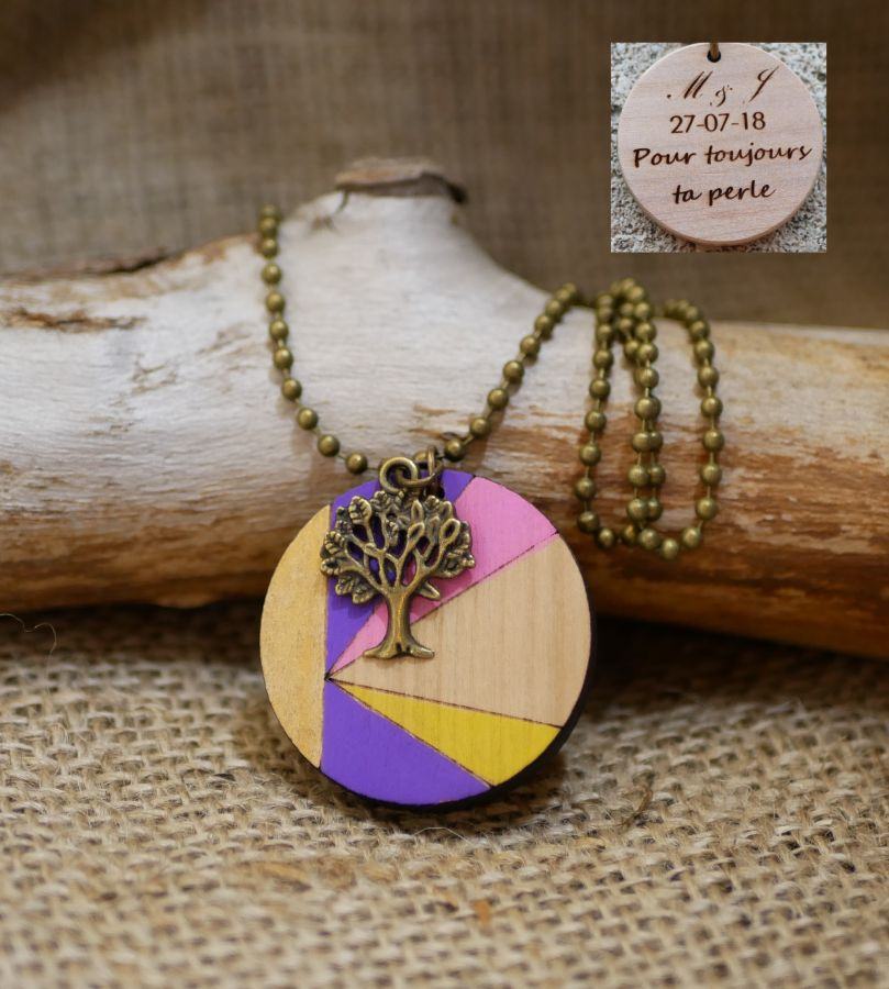 Wooden pendant painted in colors with bronze charm to personalize