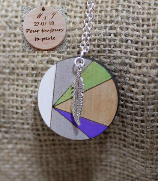 Wooden pendant painted in colors on silver chain to personalize
