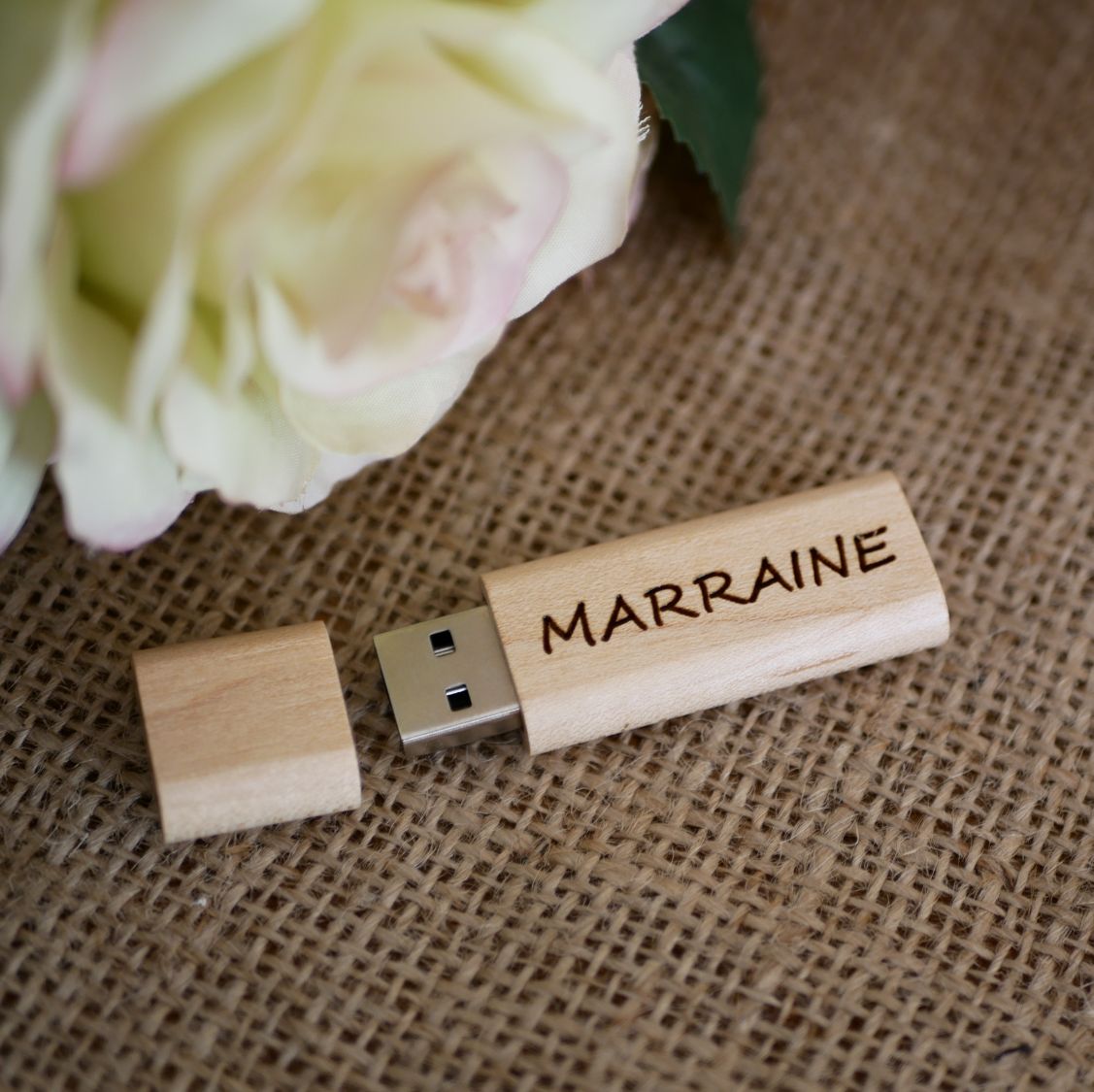 Small engraved wooden USB key to personalize