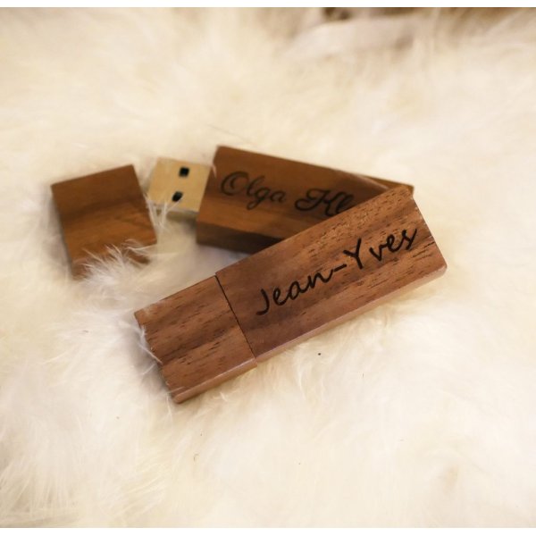 Small engraved walnut wood USB key to personalize