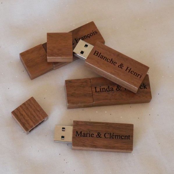 Small engraved walnut wood USB key to personalize