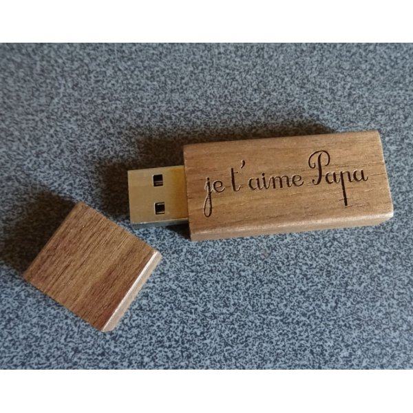 Small engraved walnut wood USB key to personalize