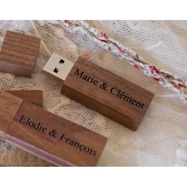 Small engraved walnut wood USB key to personalize