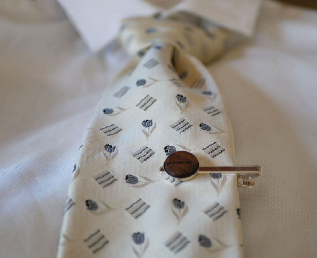 Wooden tie clip with engraved wood cabochon