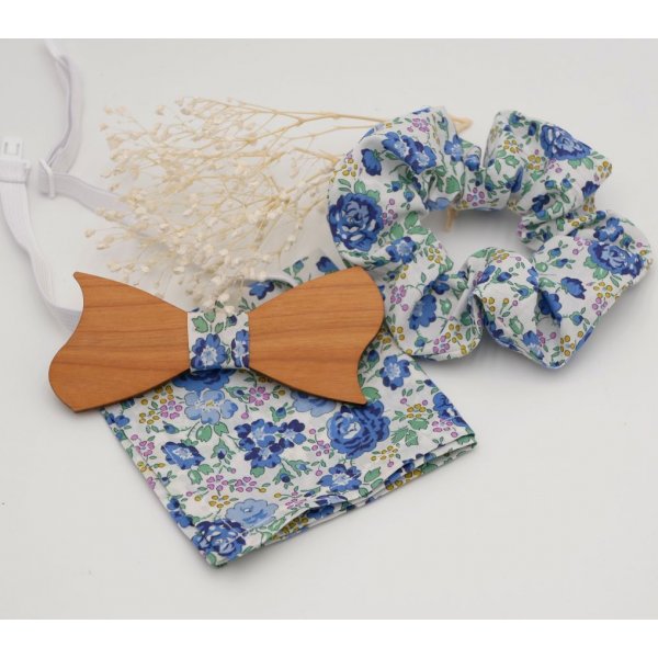 Blue Liberty pouch + scrunchie + wooden bow tie customizable