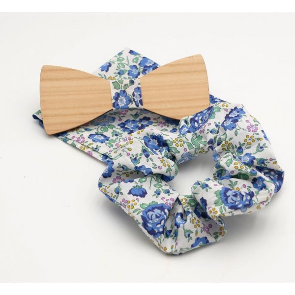 Blue Liberty pouch + scrunchie + wooden bow tie customizable