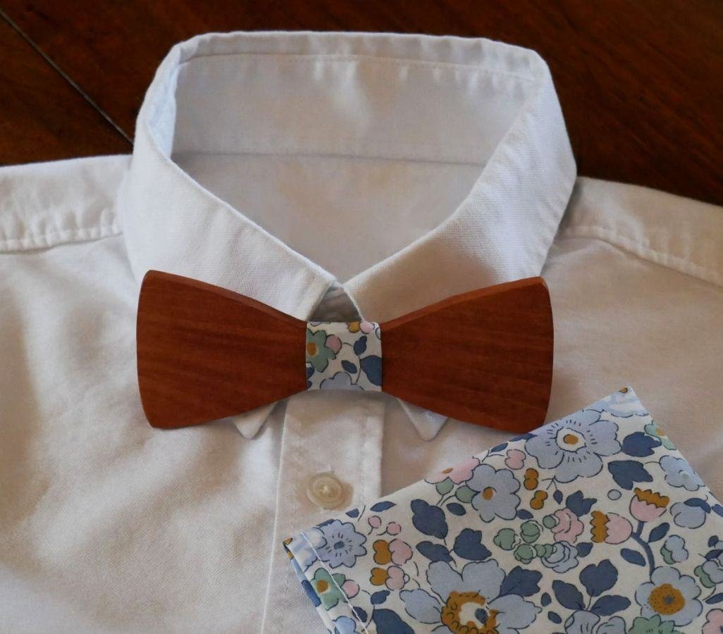 Liberty Denim blue clutch bag and customizable wooden bow tie