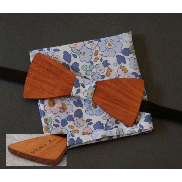 Liberty Denim blue clutch bag and customizable wooden bow tie