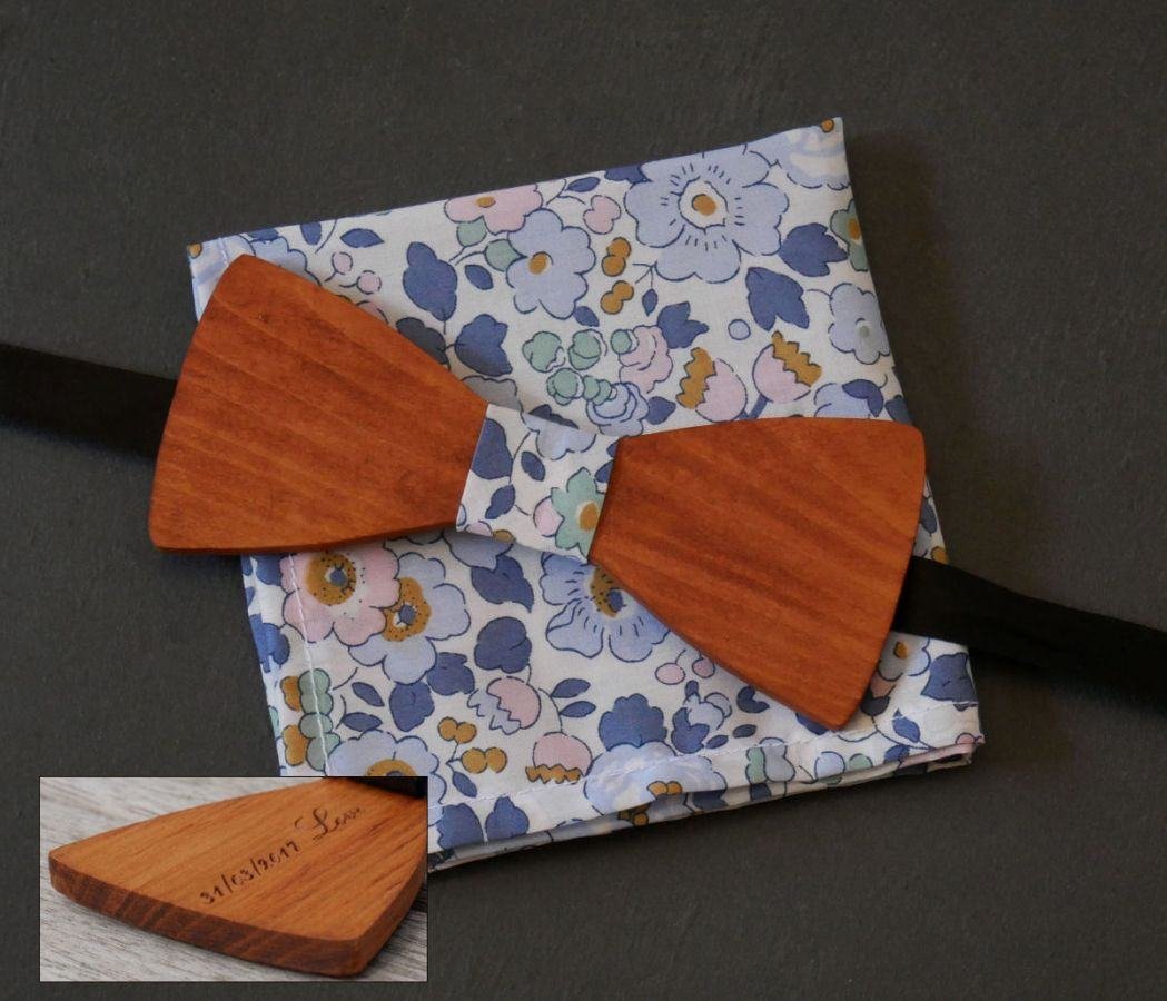 Liberty Denim blue clutch bag and customizable wooden bow tie