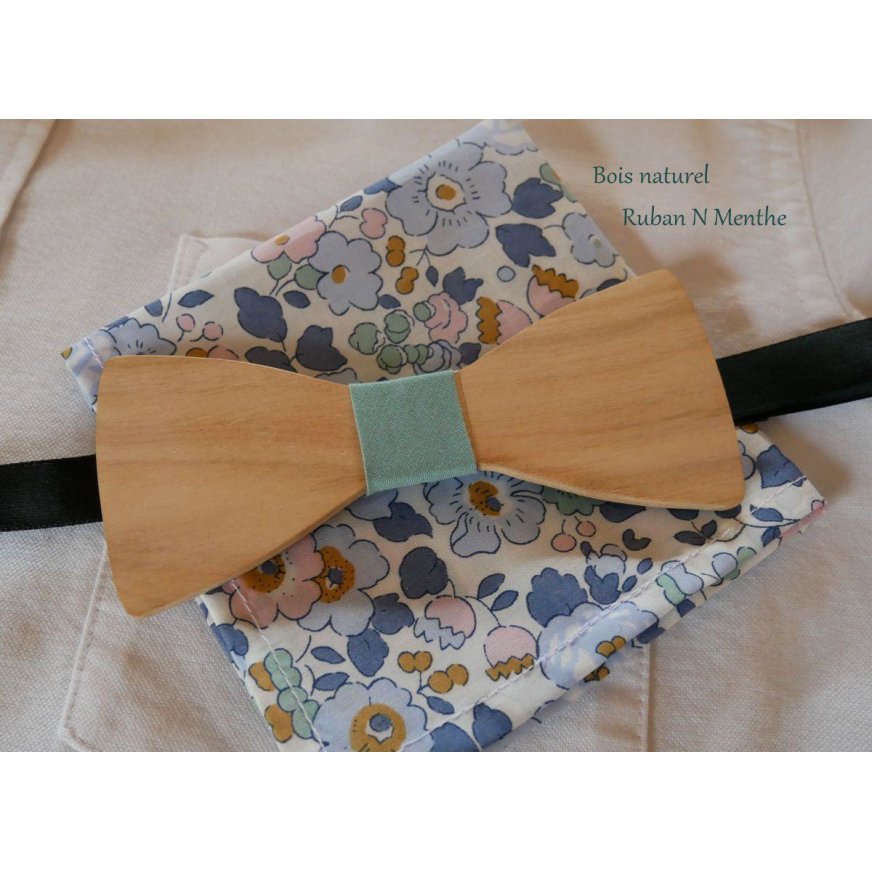 Liberty Denim blue clutch bag and customizable wooden bow tie