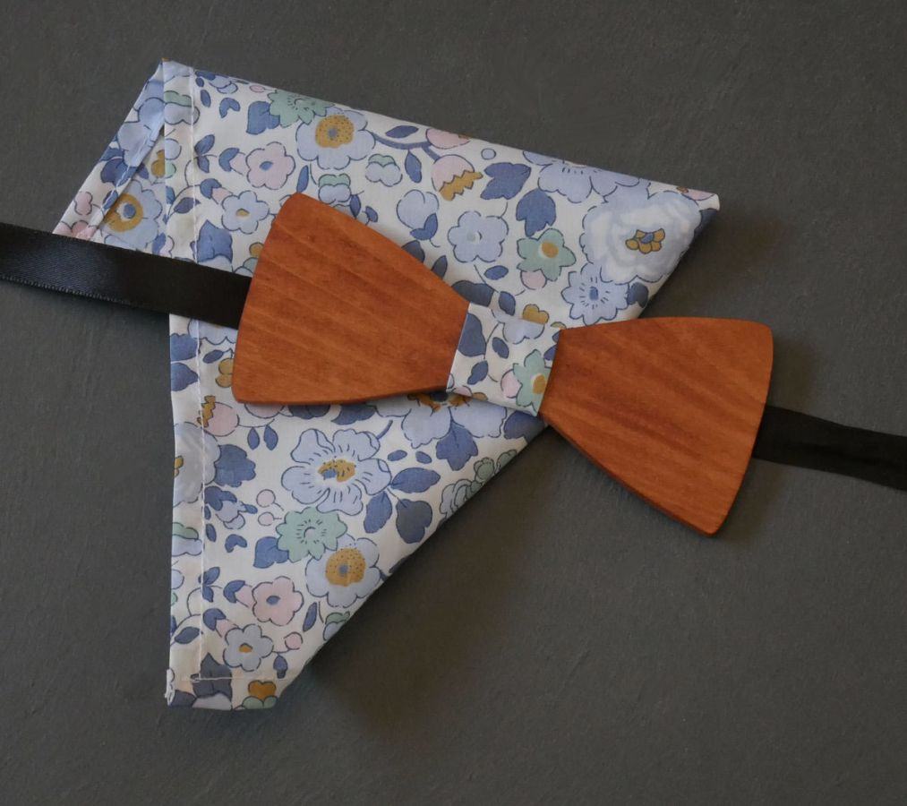 Liberty Denim blue clutch bag and customizable wooden bow tie