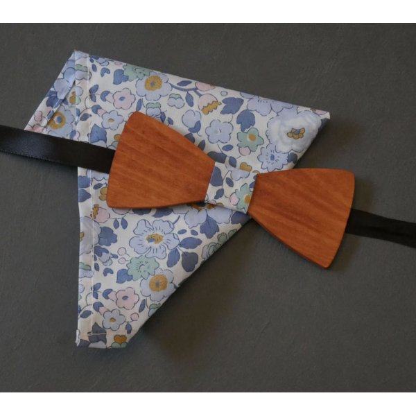 Liberty Denim blue clutch bag and customizable wooden bow tie
