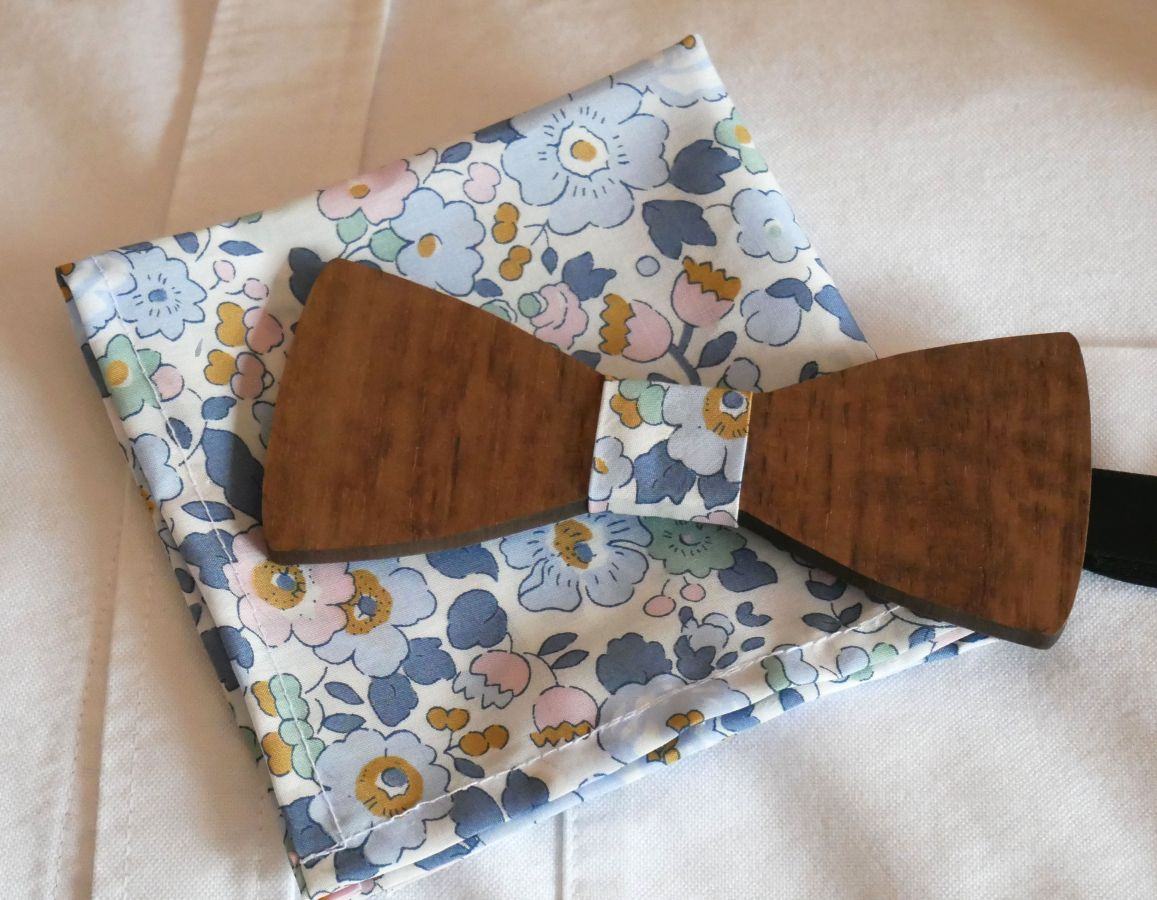 Liberty Denim blue clutch bag and customizable wooden bow tie