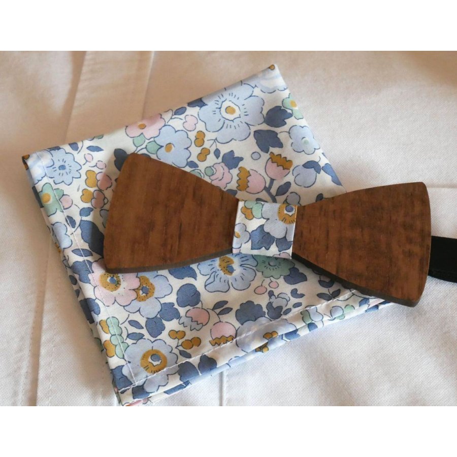 Liberty Denim blue clutch bag and customizable wooden bow tie