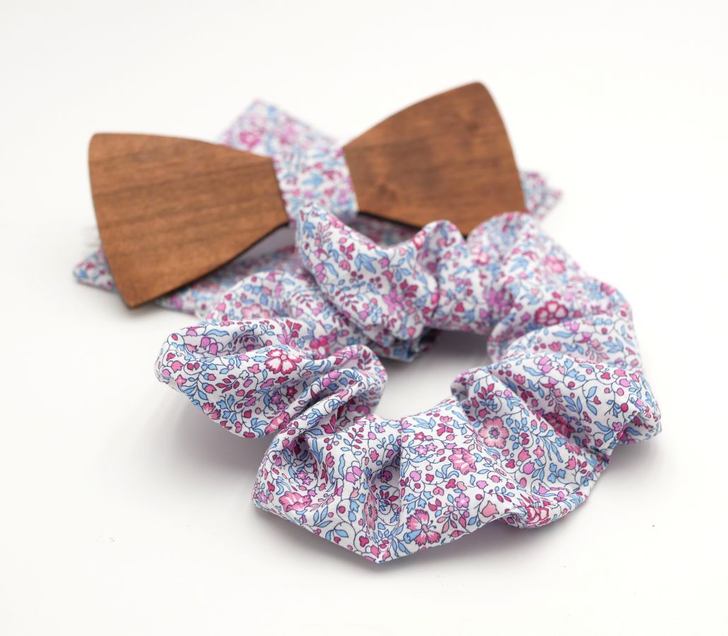 Liberty Katie fuchsia clutch bag and wooden bow tie of your choice