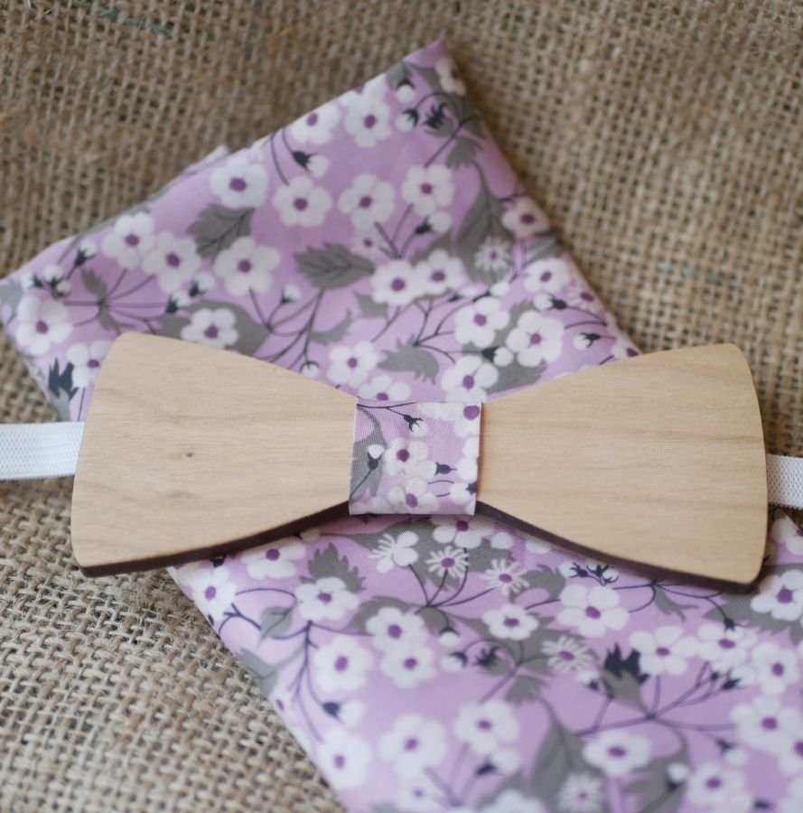 Liberty Mitsi clutch bag with purple flowers and wooden bow tie