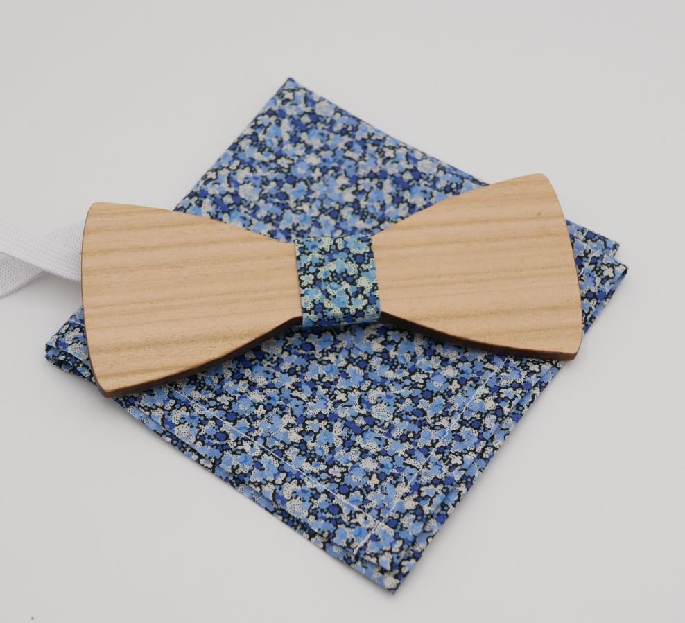 Liberty Pepper blue clutch bag and wooden bow tie customizable