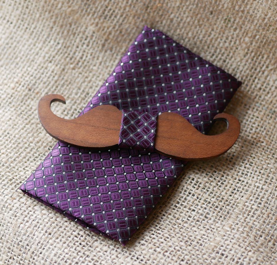 Purple satin pouch and wooden bow tie of your choice