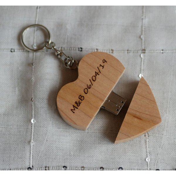 Wooden engraved heart USB key ring to personalize