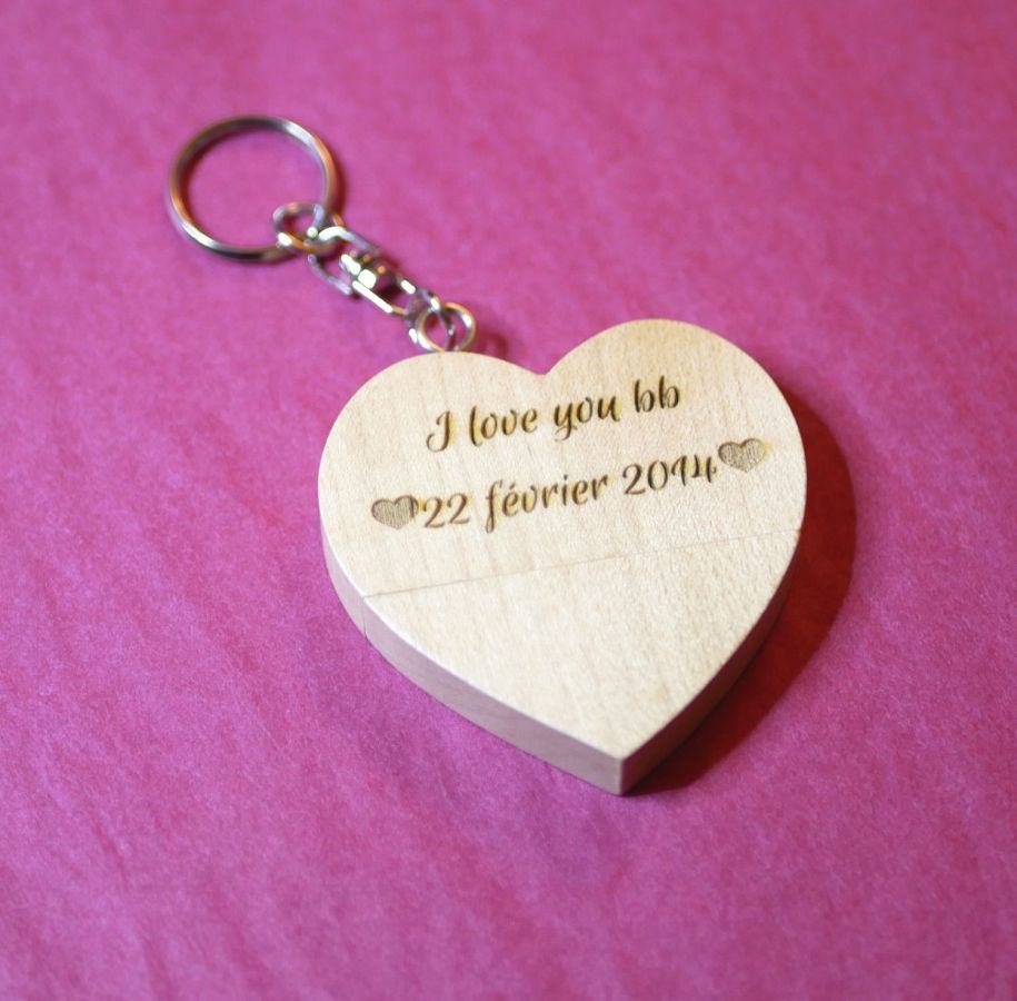 128 GB engraved wooden heart USB flash drive to personalize