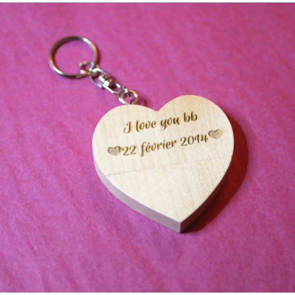 Wooden engraved heart USB key ring to personalize