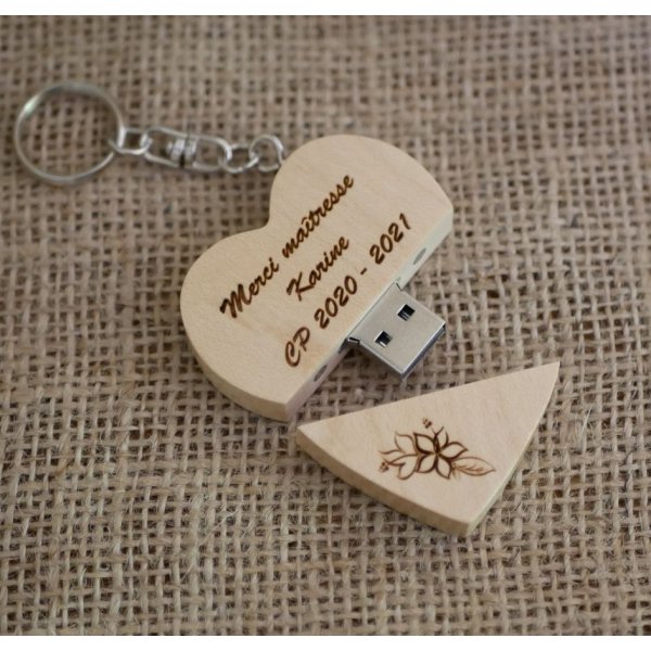 Wooden engraved heart USB key ring to personalize