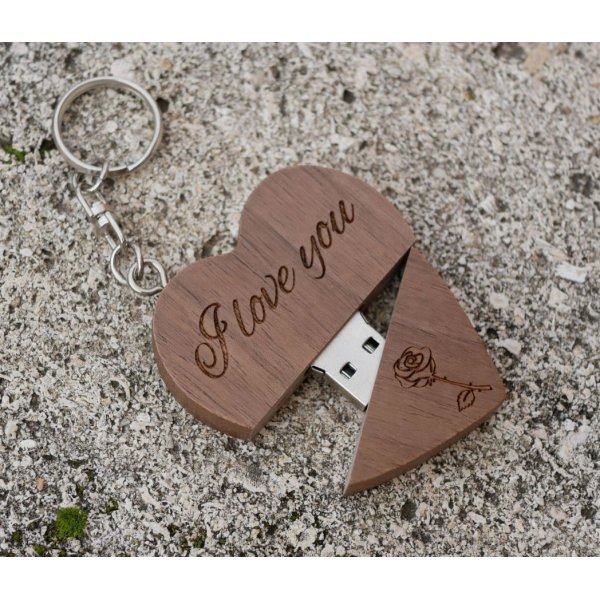Heart-shaped USB key ring in dark wood to personalize by engraving