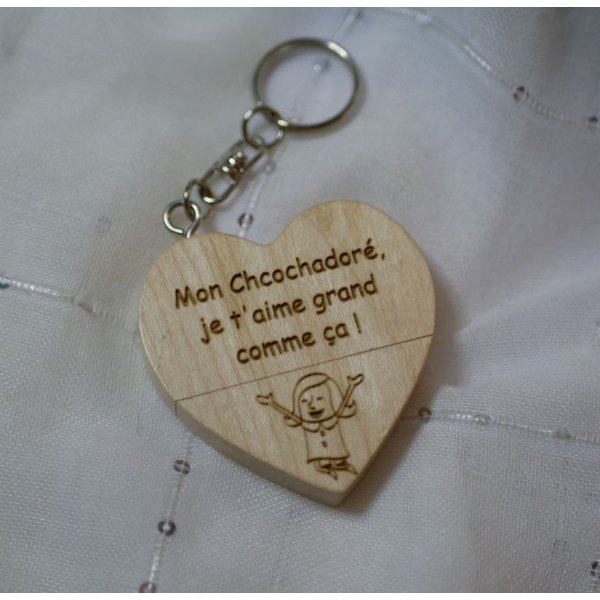 Wooden engraved heart USB key ring to personalize