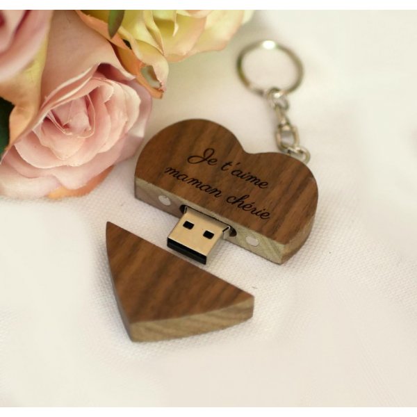 Heart-shaped USB key ring in dark wood to personalize by engraving