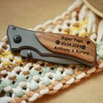 Custom engraved wooden handle folding pocket knife