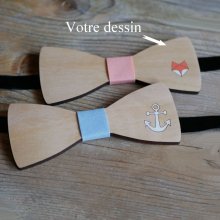 Wooden bow tie, customizable design, engraved and painted, made in France