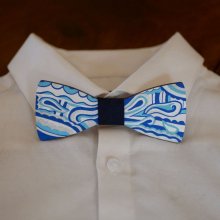 Hippie chic blue silver painted wood bow tie, a unique handmade creation